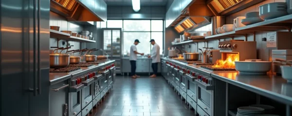 Vue réaliste d'une cuisine professionnelle moderne avec plusieurs appareils énergivores en fonctionnement, éclairage naturel abondant, agencement ergonomique et classement stratégique des zones de cuisson et réfrigération