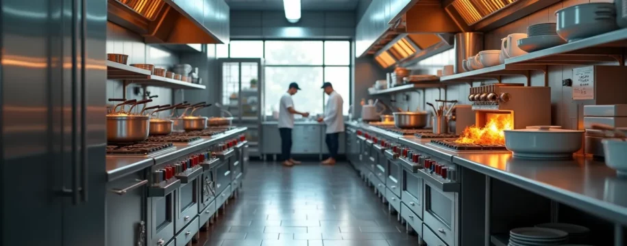Vue réaliste d'une cuisine professionnelle moderne avec plusieurs appareils énergivores en fonctionnement, éclairage naturel abondant, agencement ergonomique et classement stratégique des zones de cuisson et réfrigération