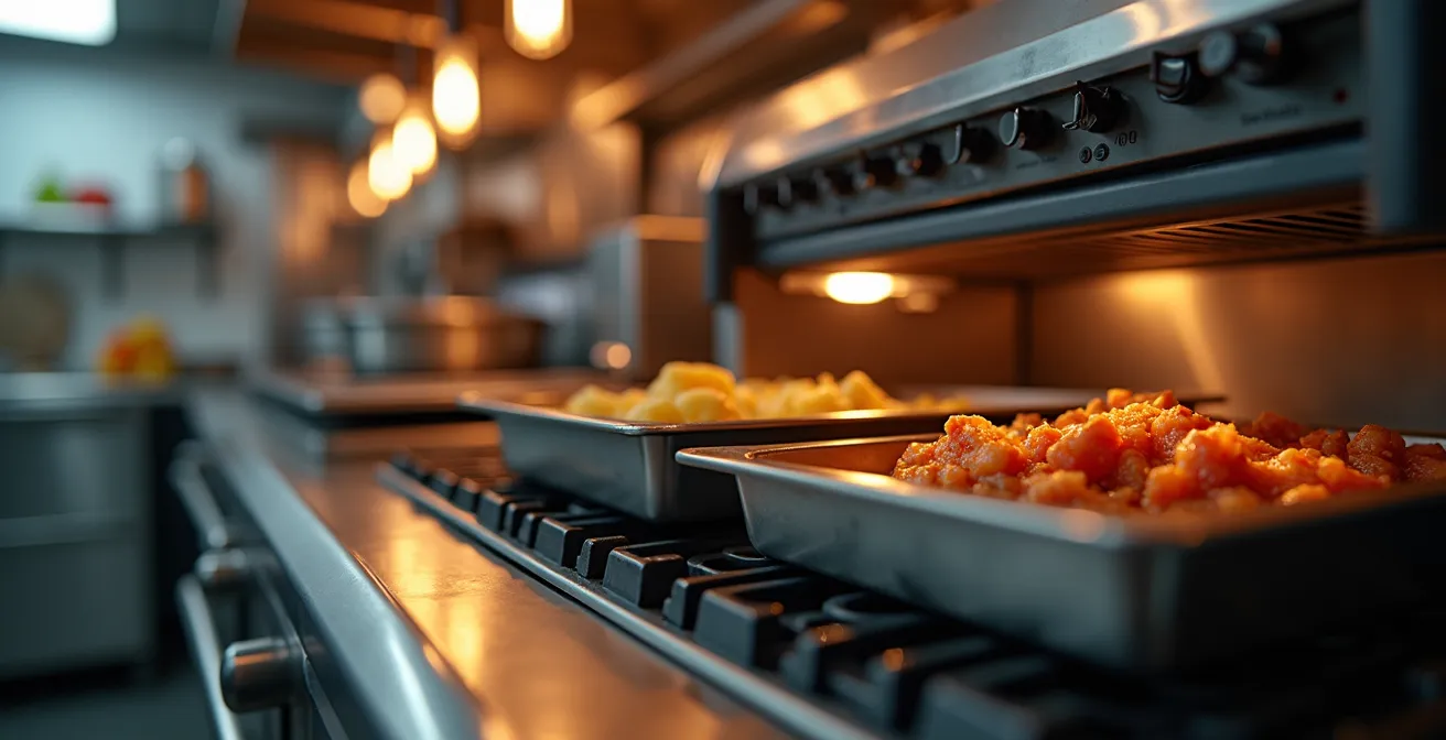 Gros plan sur des équipements de cuisine professionnelle montrant fours, friteuse, et réfrigérateur avec une lumière chaude et textures réalistes