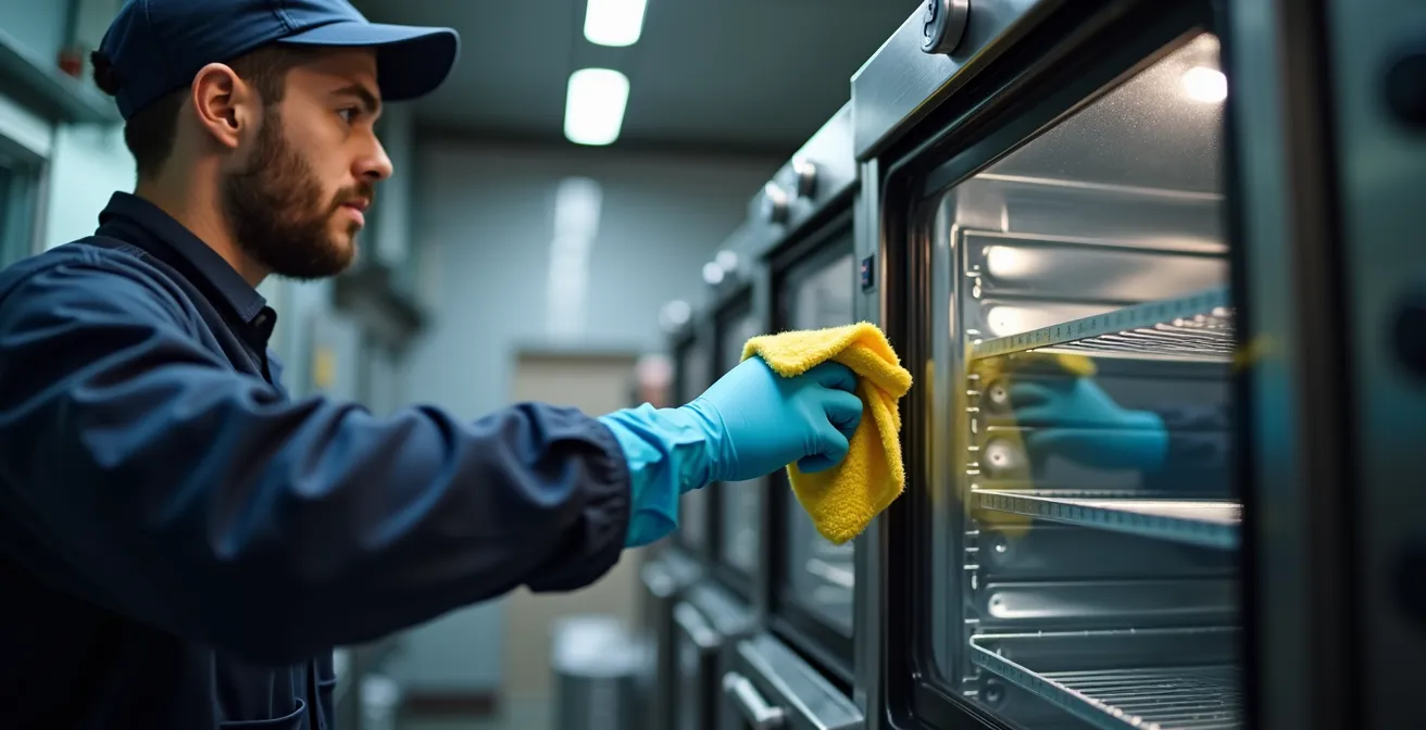 Technicien effectuant la maintenance préventive sur un four professionnel dans une cuisine
