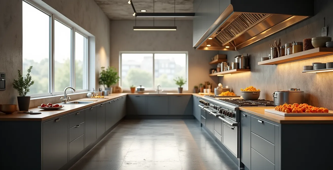 Plan de cuisine professionnelle montrant l’agencement des postes de cuisson et de réfrigération avec lumière naturelle abondante