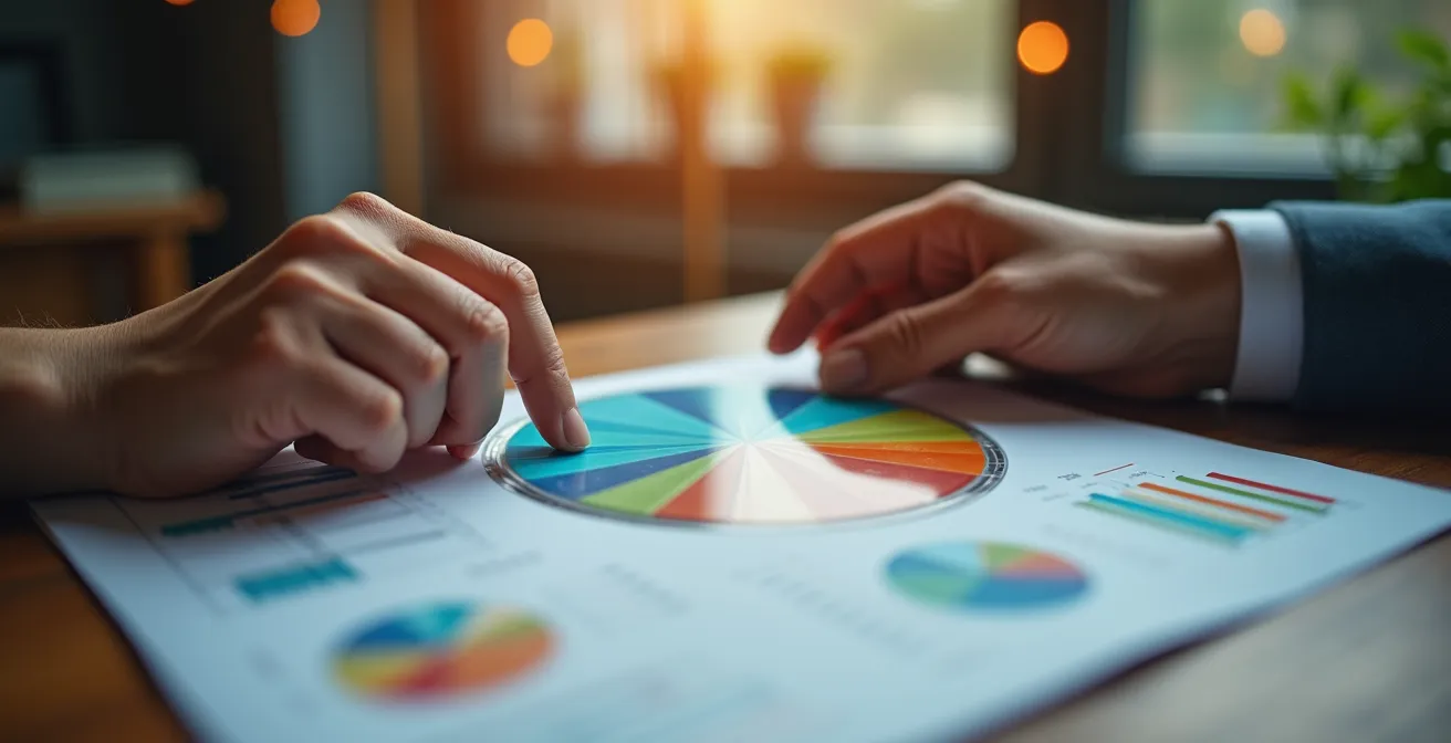 Mains analysant des graphiques circulaires colorés sur bureau en bois
