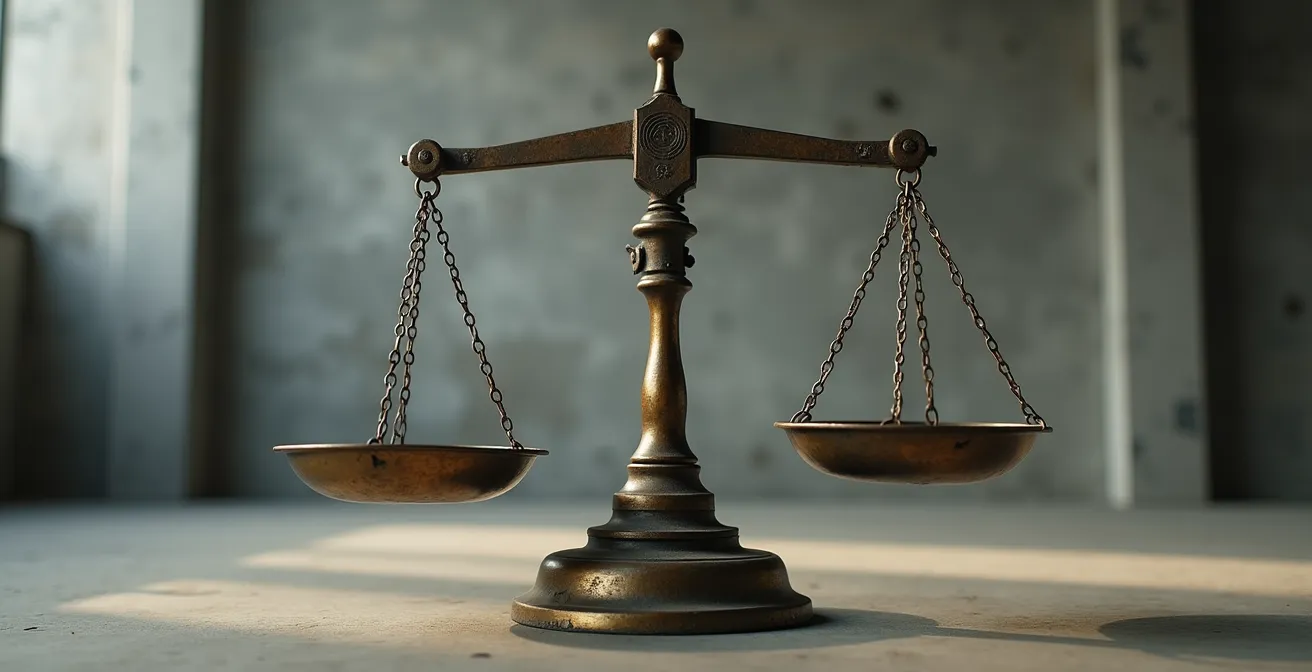 Balance industrielle vintage avec poids métalliques sur fond épuré